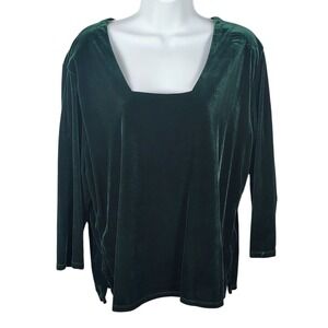 Kathy Ireland Stretch Hunter Green Velvet Square Neck 3/4 Sleeve Top vtg Y2K